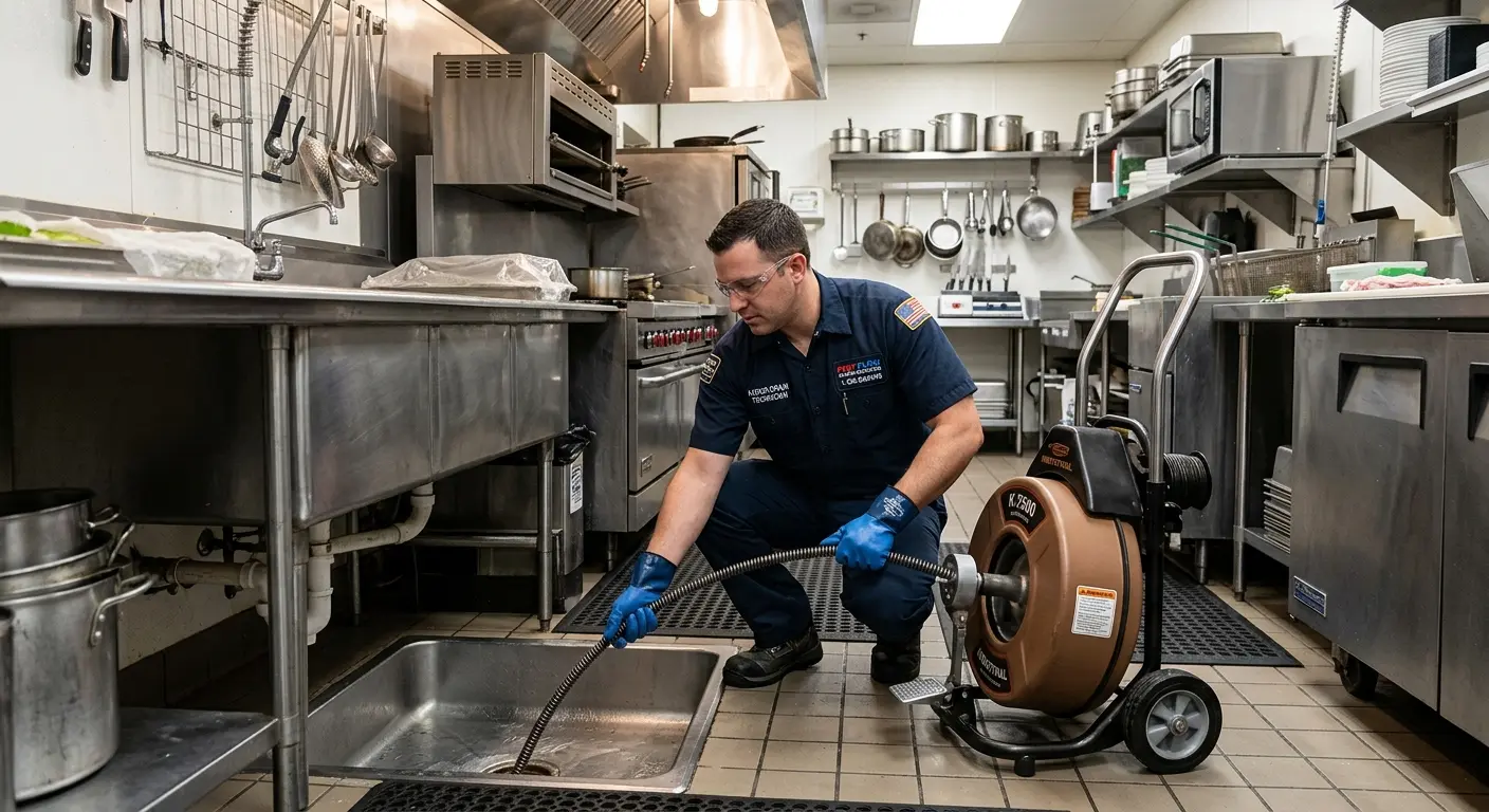 Commercial drain cleaning service in a restaurant kitchen in Charlestown