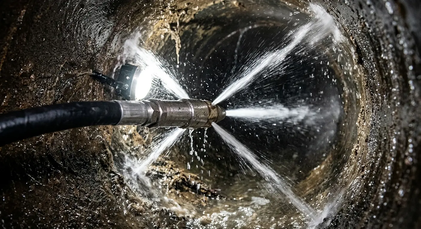 High-pressure hydro jetting nozzle cleaning sewer pipe for Trenchless Sewer Repair in Charlestown