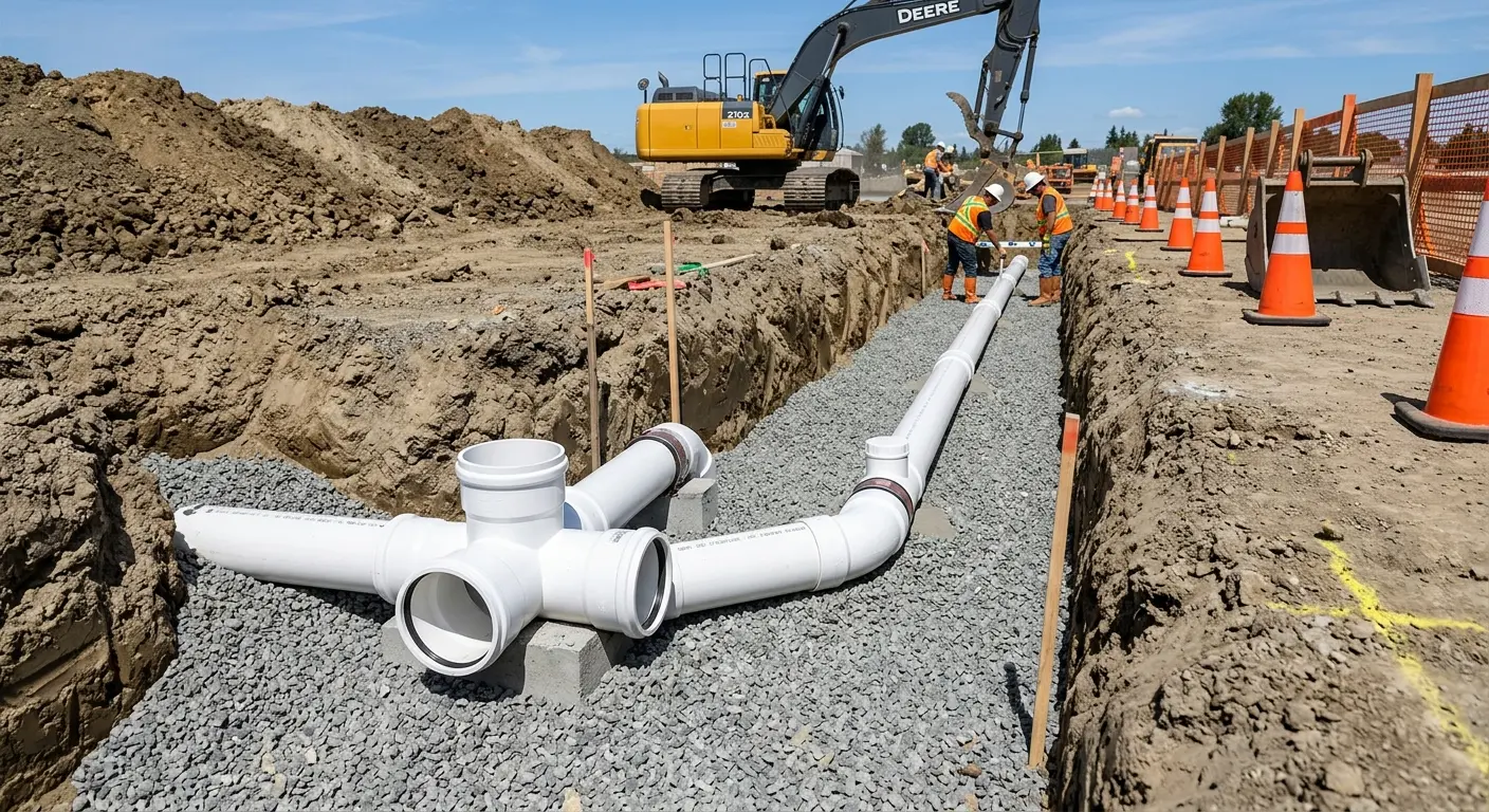 New PVC sewer pipe installation in open trench for Grease Trap Cleaning in Charlestown