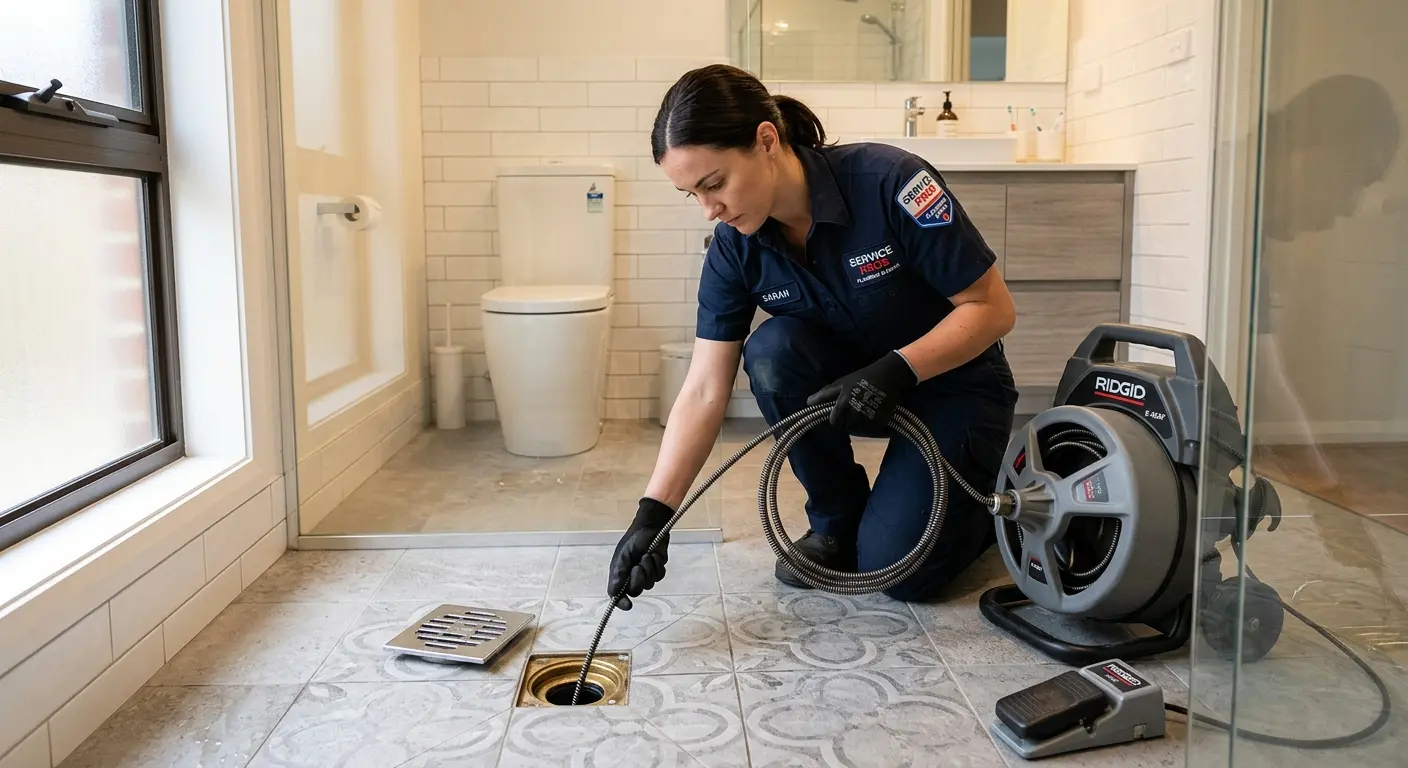 Technician clearing a bathroom floor drain for Sewer Line Replacement in Charlestown